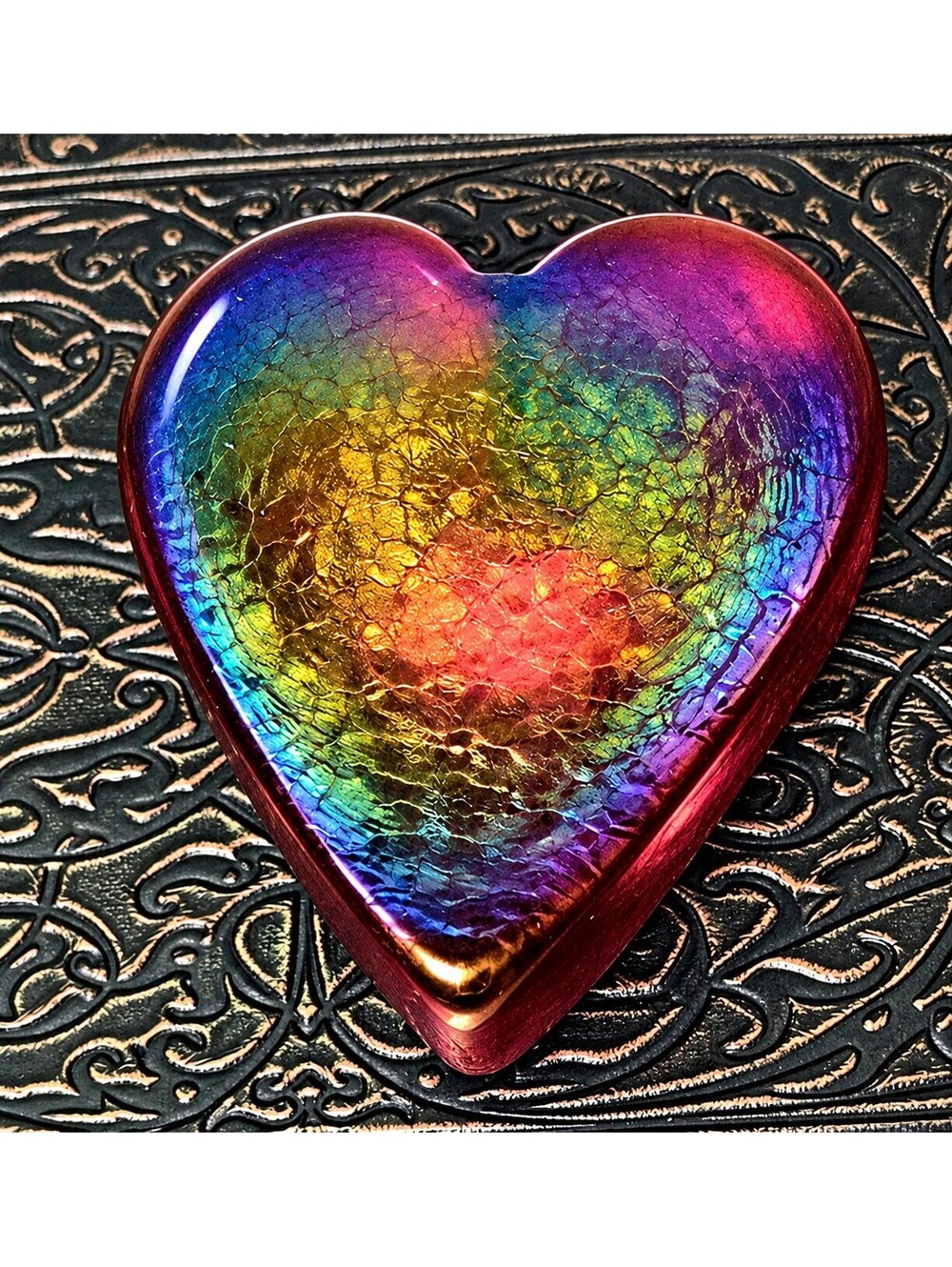 Robert Held Art Glass Heart Paperweight Iridescent Pink Gold Canada Signed Label